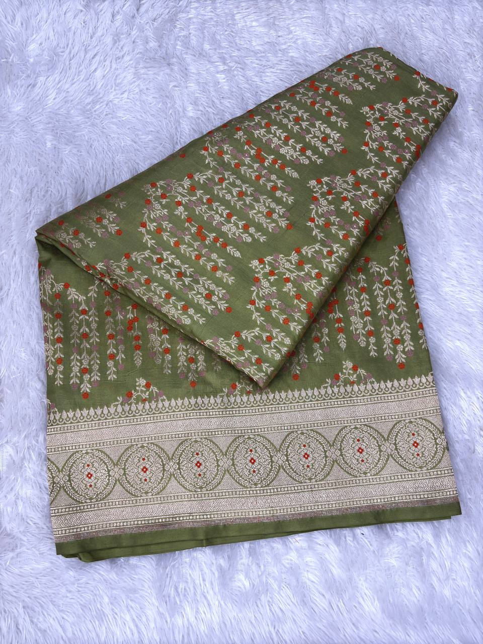 Olive Green Handwoven Banarasi Katan Silk Saree | Antique Zari Jungla Meenakari Work | Traditional Cutwork Weaver's Masterpiece