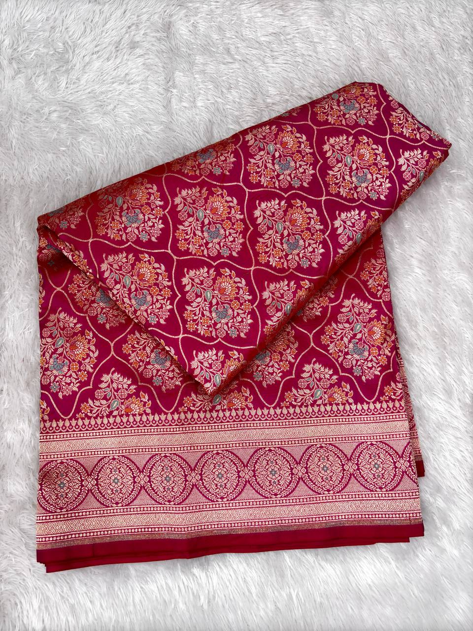 Handwoven Rani Pink Katan Silk Banarasi Jungla Saree with Meenakari Floral Jaal and Cutwork Weave