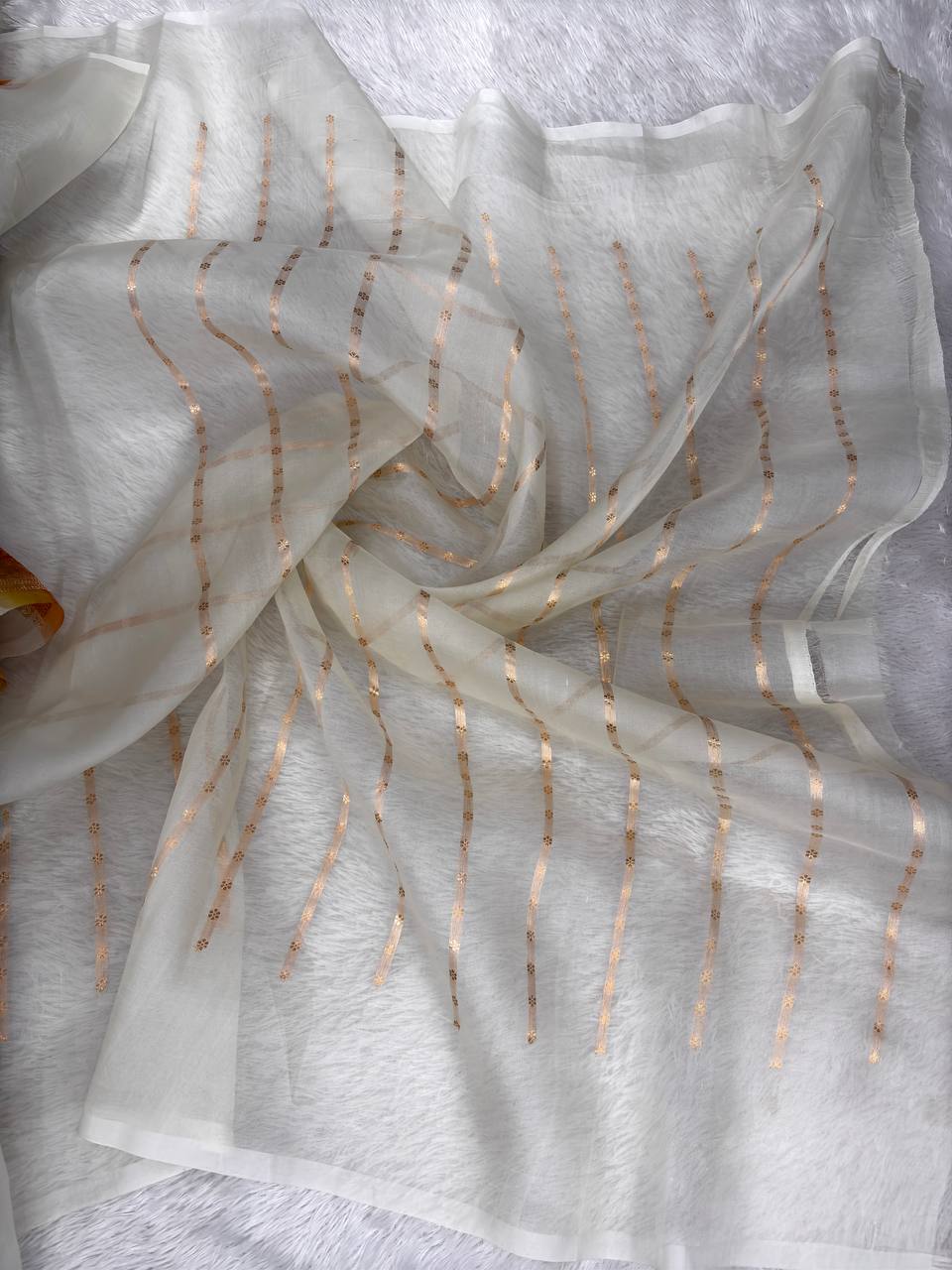 Ivory White with Copper Zari, Olive Green & Rust Rangkaat Border