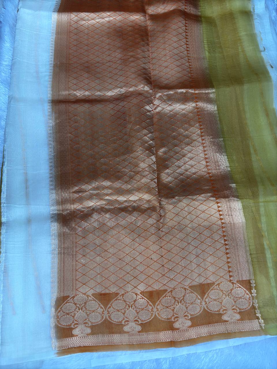 Ivory White with Copper Zari, Olive Green & Rust Rangkaat Border