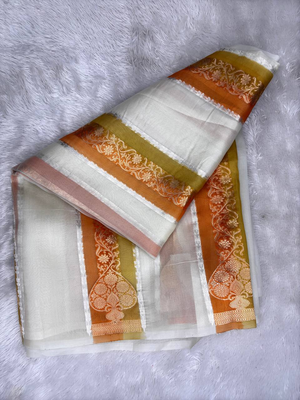 Ivory White with Copper Zari, Olive Green & Rust Rangkaat Border