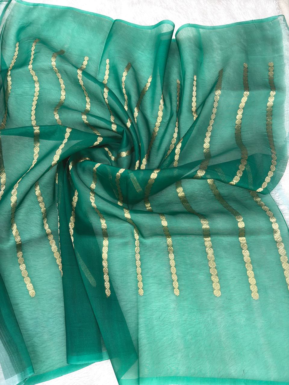 Handwoven Teal Blue Kora Organza Silk Saree | Meenakari Rungkaat Pallu & Kadhua Buta