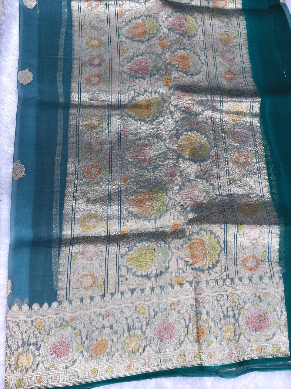 Handwoven Teal Blue Kora Organza Silk Saree | Meenakari Rungkaat Pallu & Kadhua Buta