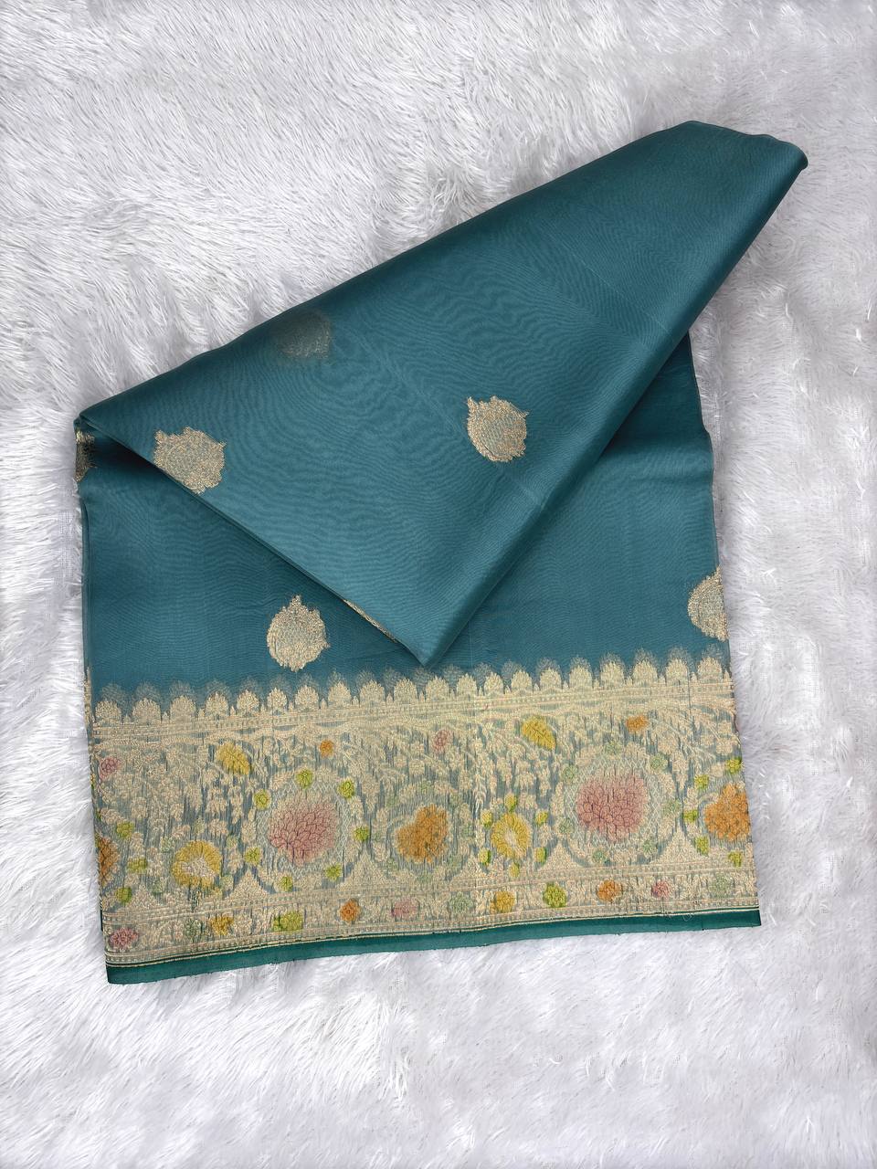 Handwoven Teal Blue Kora Organza Silk Saree | Meenakari Rungkaat Pallu & Kadhua Buta
