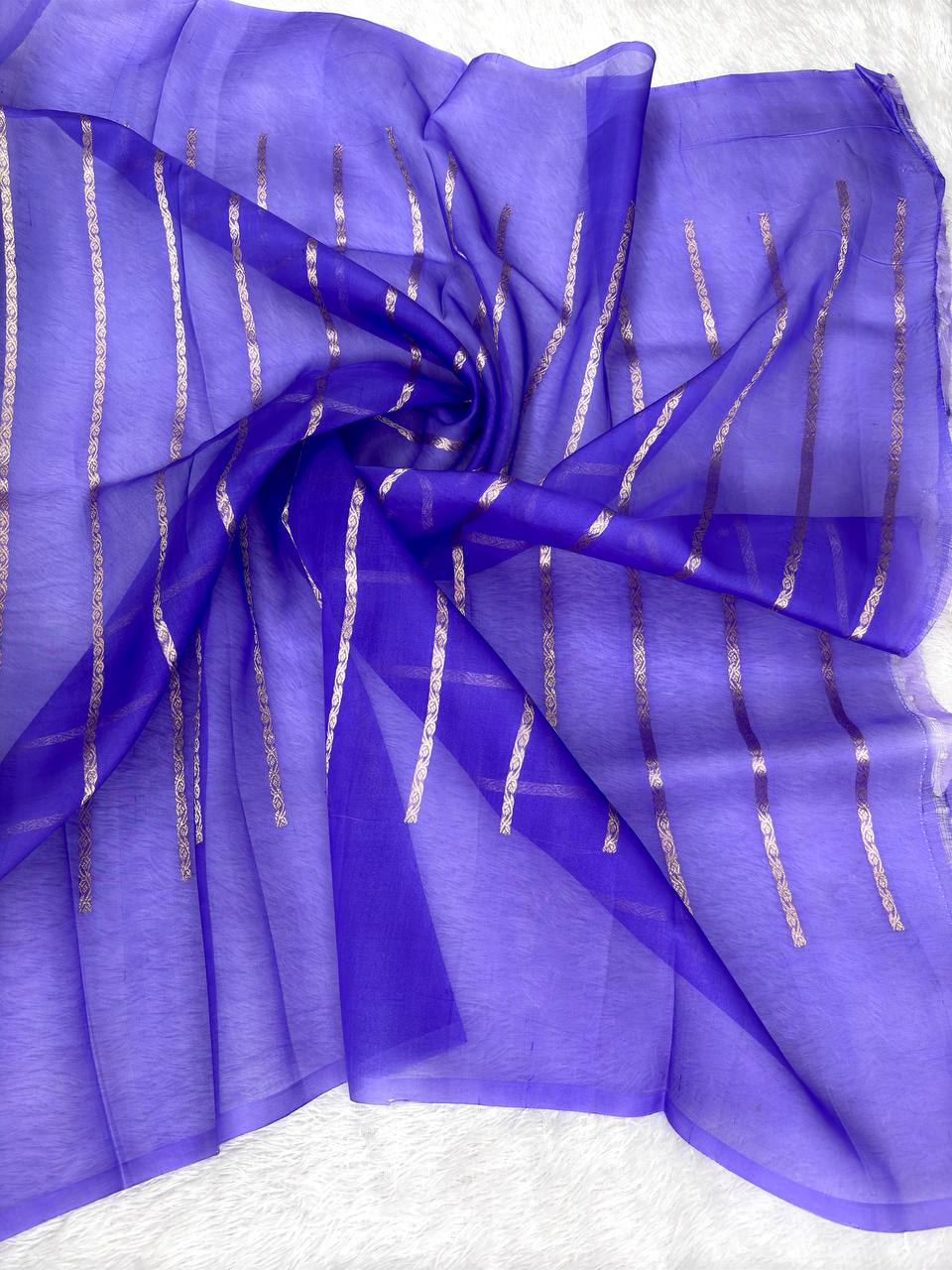 Handwoven Royal Purple Kora Organza Silk Saree | Meenakari Leheriya Rungkaat Pallu & Kadhua Buta