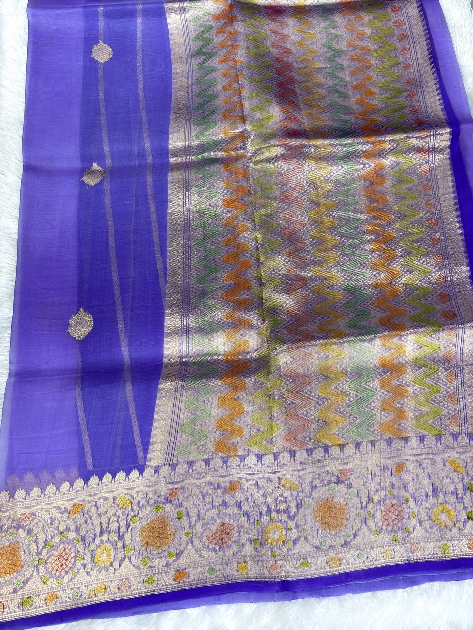 Handwoven Royal Purple Kora Organza Silk Saree | Meenakari Leheriya Rungkaat Pallu & Kadhua Buta