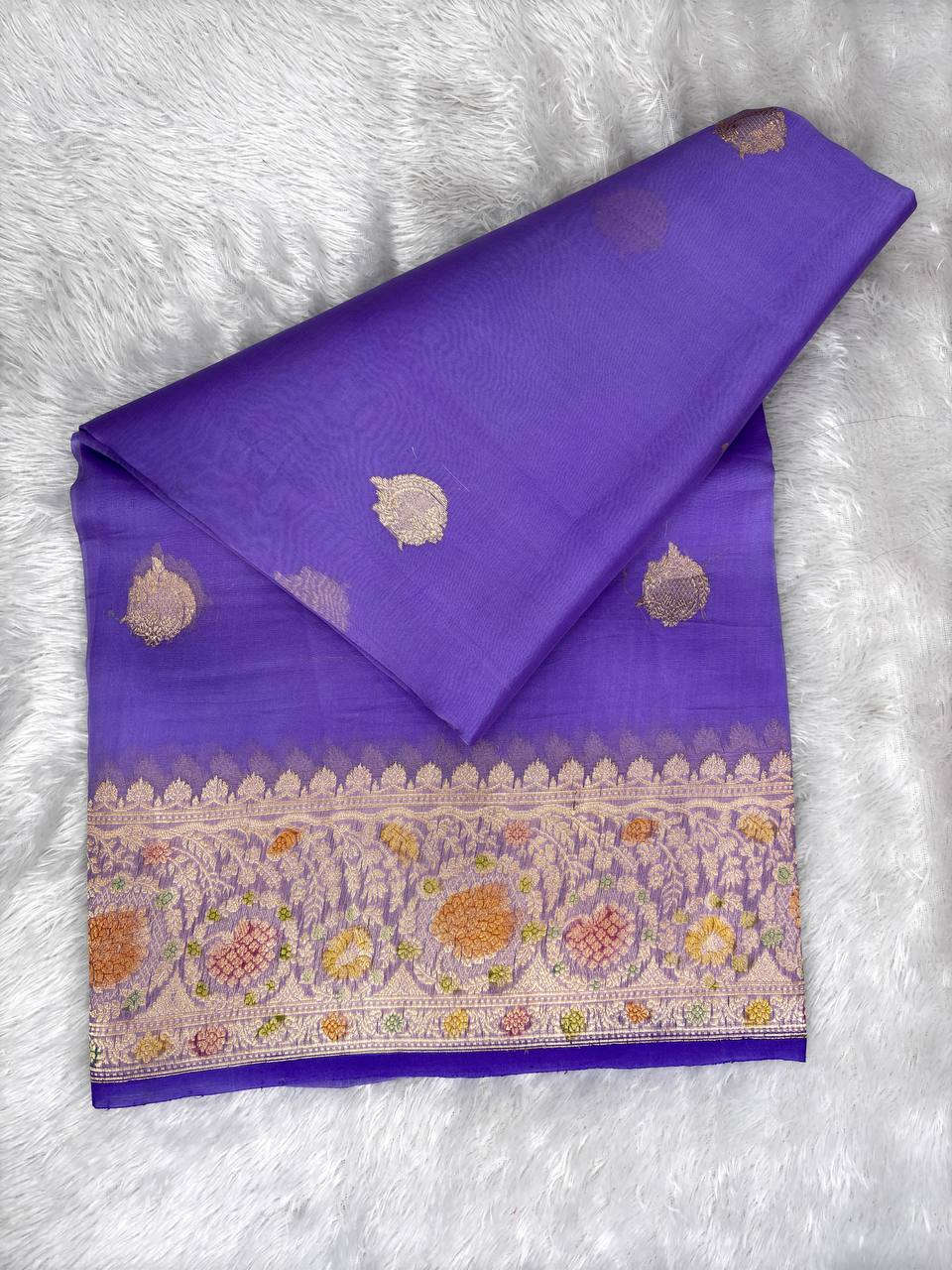 Handwoven Royal Purple Kora Organza Silk Saree | Meenakari Leheriya Rungkaat Pallu & Kadhua Buta