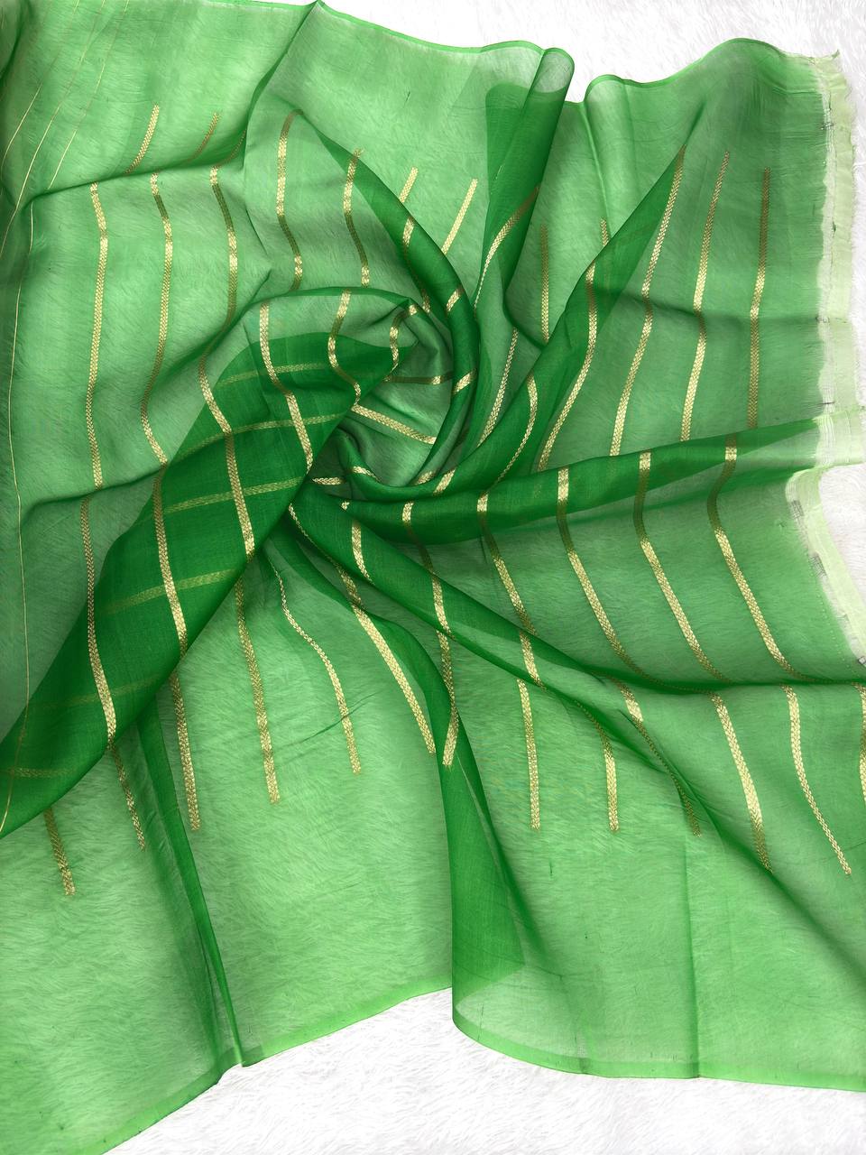 Pistachio Green Kora Organza Silk Saree | Handloom Banarasi Kadhua with Meenakari Border