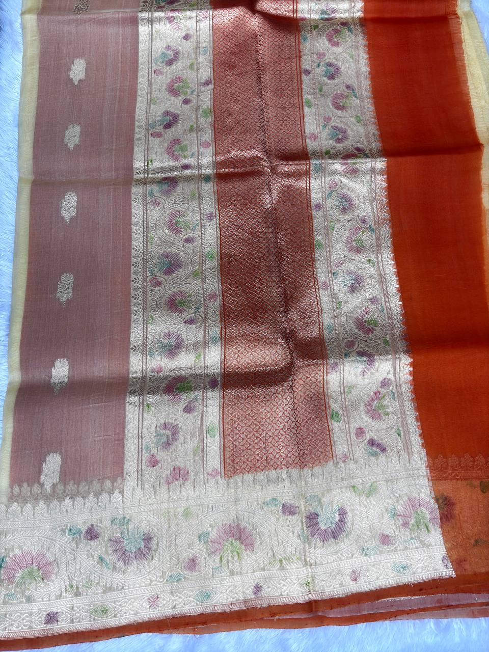 Handloom Golden Honey Kora Silk Saree | Kadhua Meenakari Border & Rungkaat Artistry