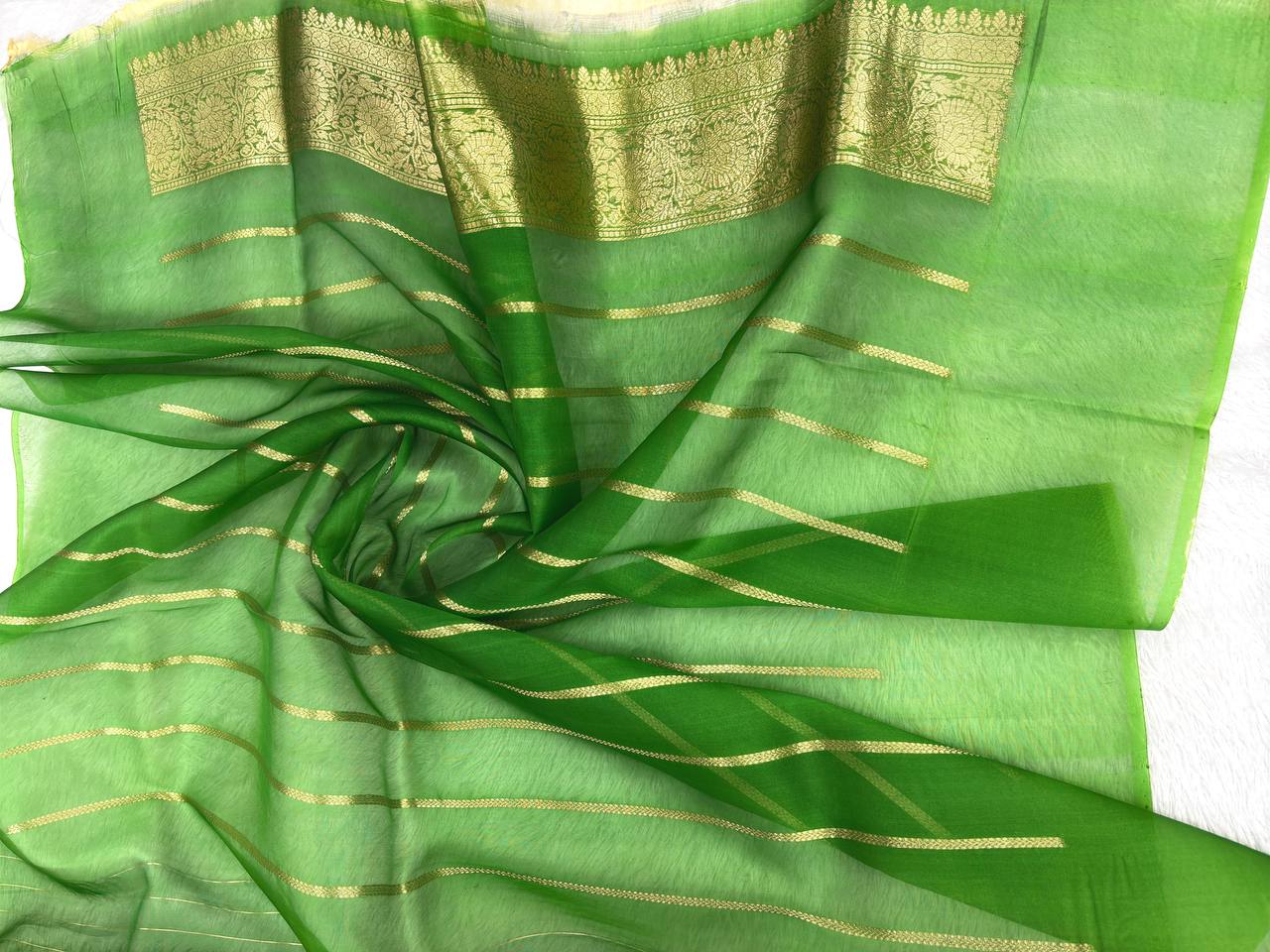 Handwoven Pale Gold Kora Silk Rungkaat Saree with Kadwa Meenakari Border