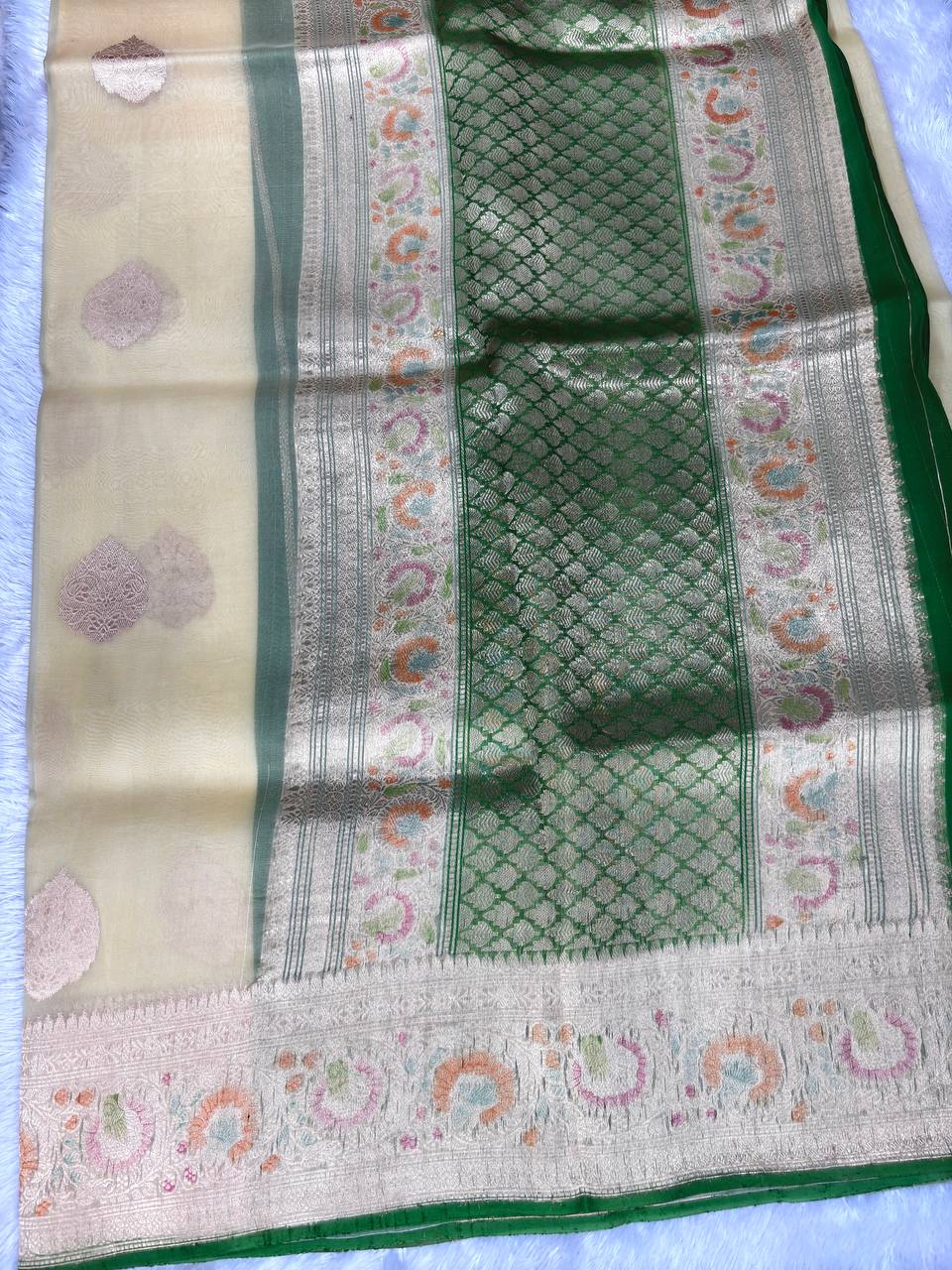 Handwoven Pale Gold Kora Silk Rungkaat Saree with Kadwa Meenakari Border