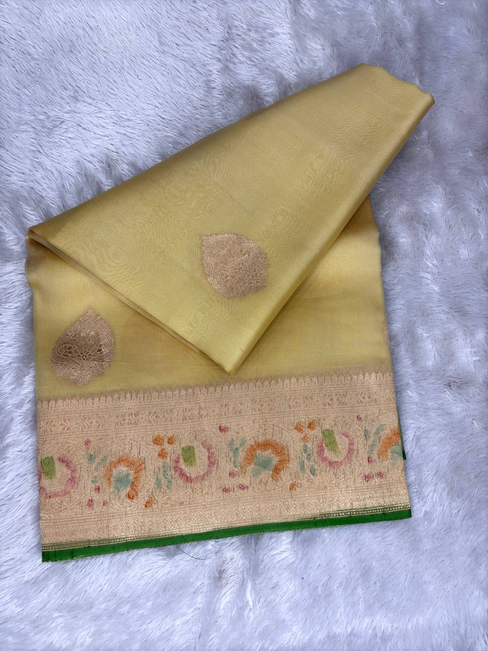 Handwoven Pale Gold Kora Silk Rungkaat Saree with Kadwa Meenakari Border