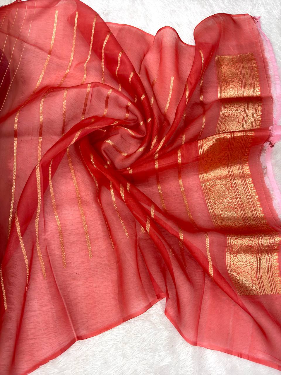 Handwoven Rani Pink Kora Silk Rungkaat Saree with Kadwa Booti & Meenakari Border
