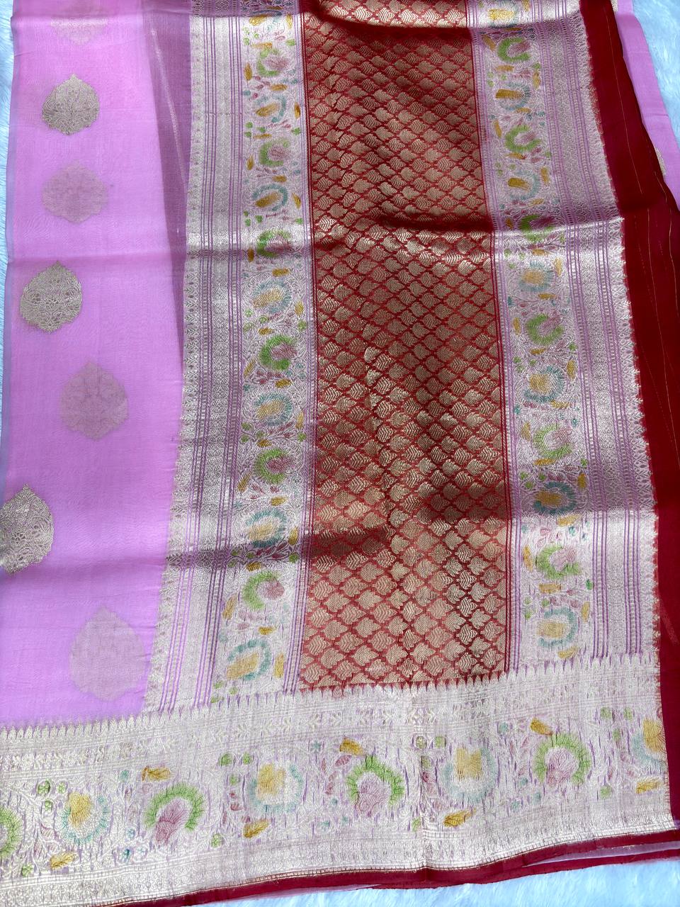 Handwoven Rani Pink Kora Silk Rungkaat Saree with Kadwa Booti & Meenakari Border