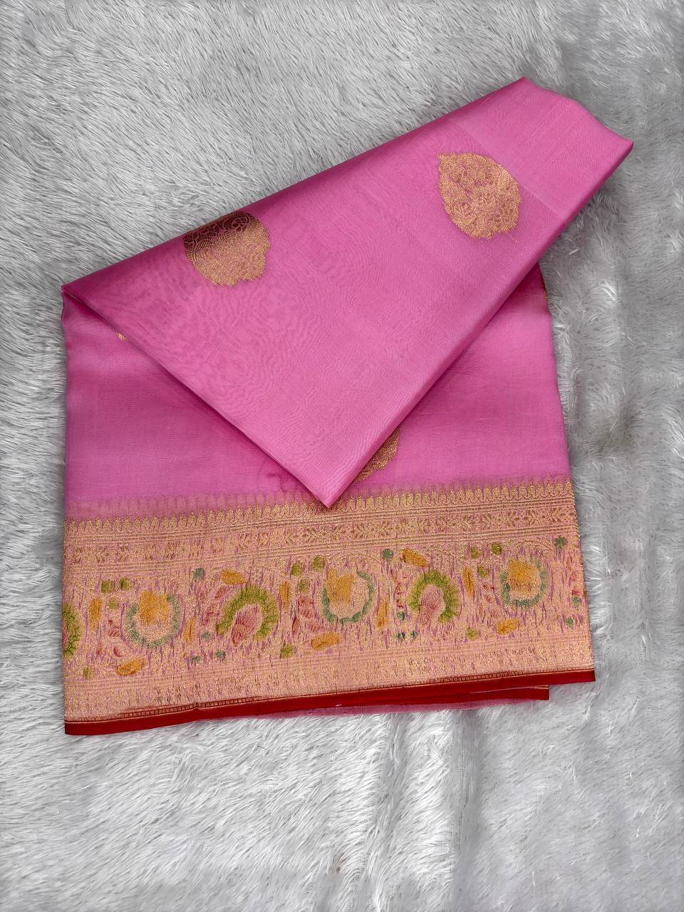 Handwoven Rani Pink Kora Silk Rungkaat Saree with Kadwa Booti & Meenakari Border