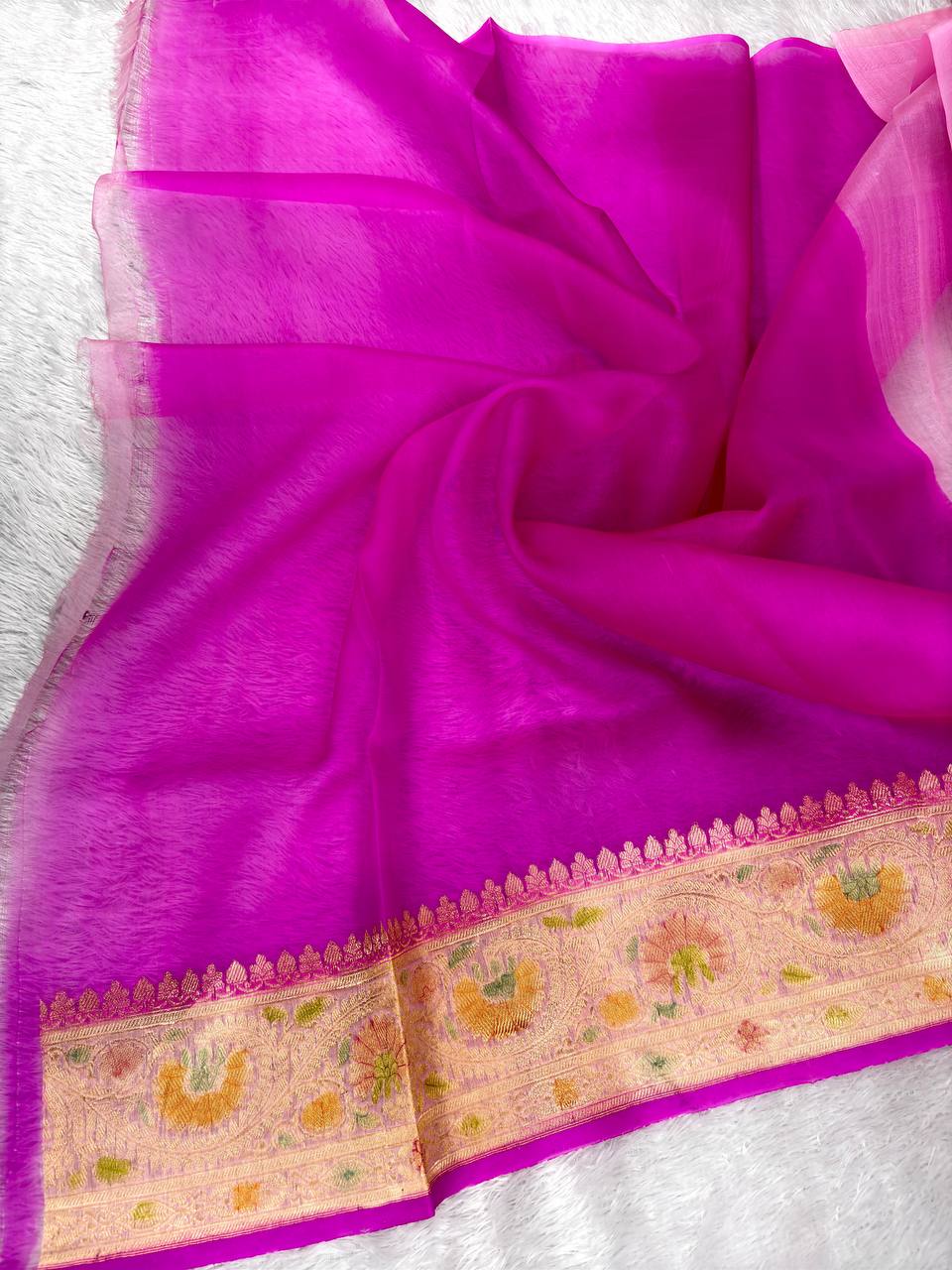 Handwoven Rose Pink Kora Organza Silk Rungkaat Saree with Kadhua Meenakari Border