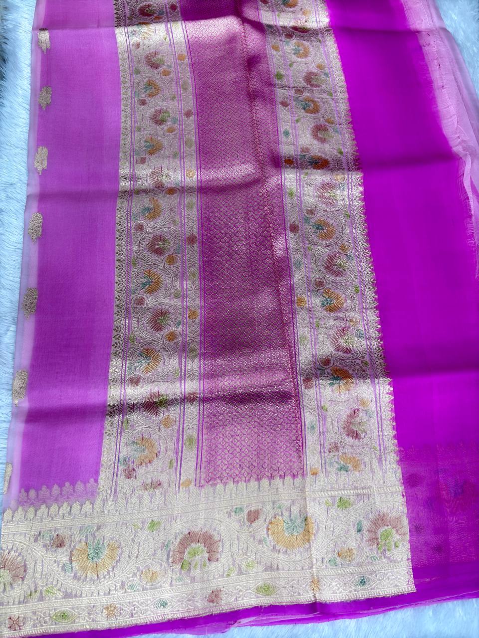 Handwoven Rose Pink Kora Organza Silk Rungkaat Saree with Kadhua Meenakari Border