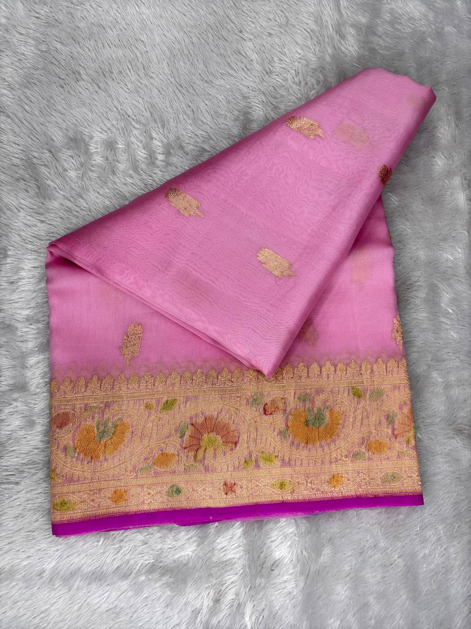 Handwoven Rose Pink Kora Organza Silk Rungkaat Saree with Kadhua Meenakari Border