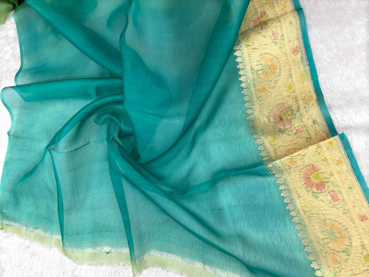 Handwoven Pista Green Kora Organza Silk Rungkaat Saree with Kadhua Meenakari Border