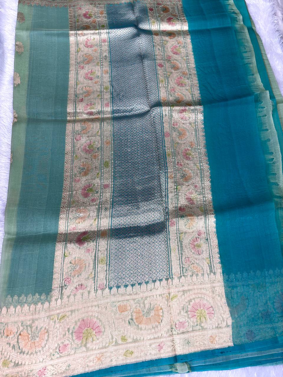 Handwoven Pista Green Kora Organza Silk Rungkaat Saree with Kadhua Meenakari Border