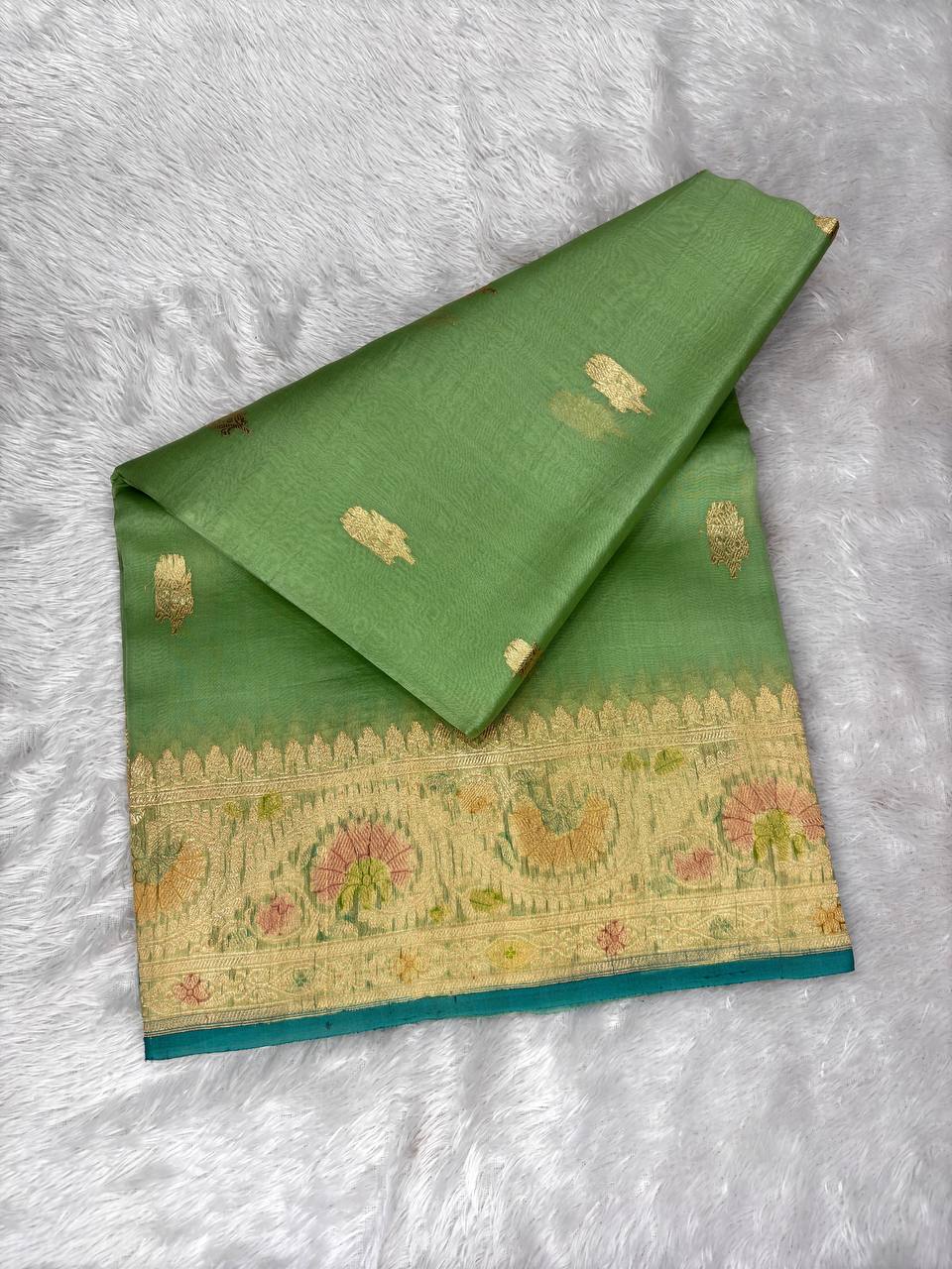 Handwoven Pista Green Kora Organza Silk Rungkaat Saree with Kadhua Meenakari Border
