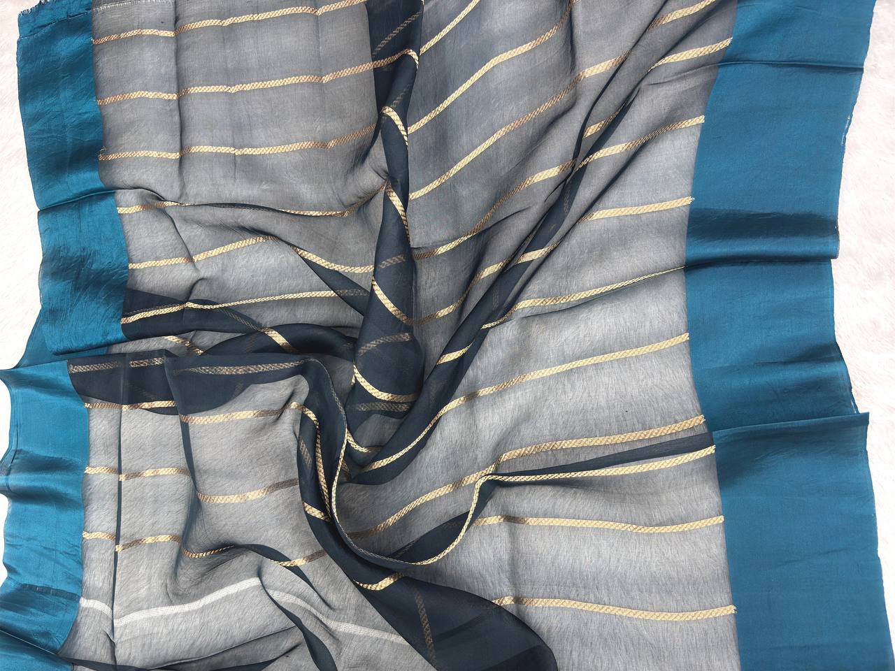 Handwoven Midnight Navy Kora Silk Saree with Teal Border and Silver-Gold Kadhua Butas