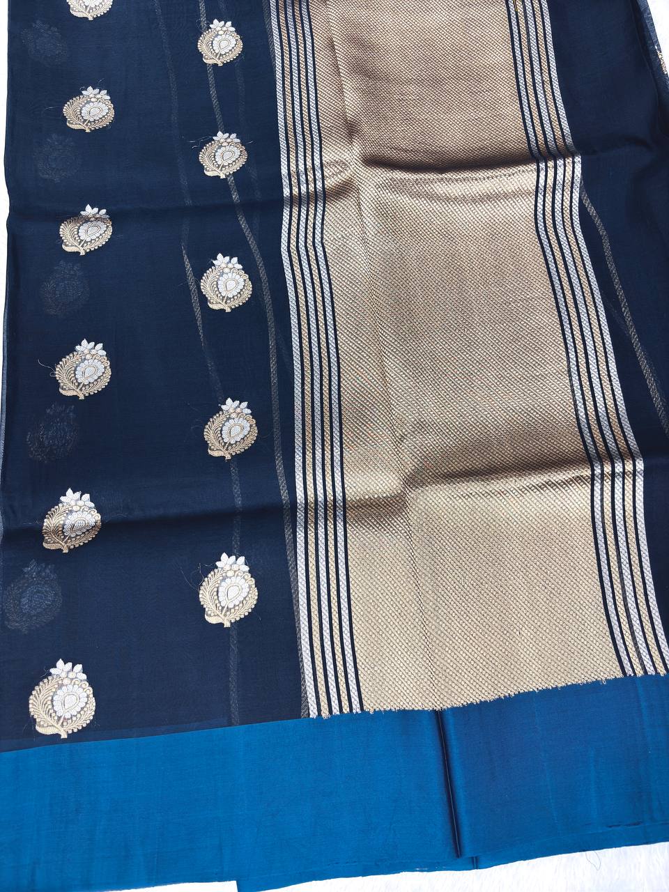 Handwoven Midnight Navy Kora Silk Saree with Teal Border and Silver-Gold Kadhua Butas