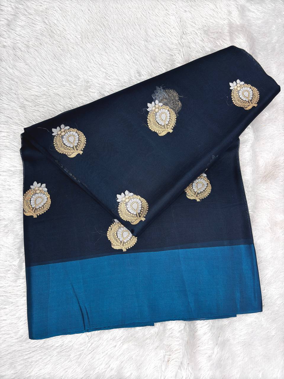 Handwoven Midnight Navy Kora Silk Saree with Teal Border and Silver-Gold Kadhua Butas