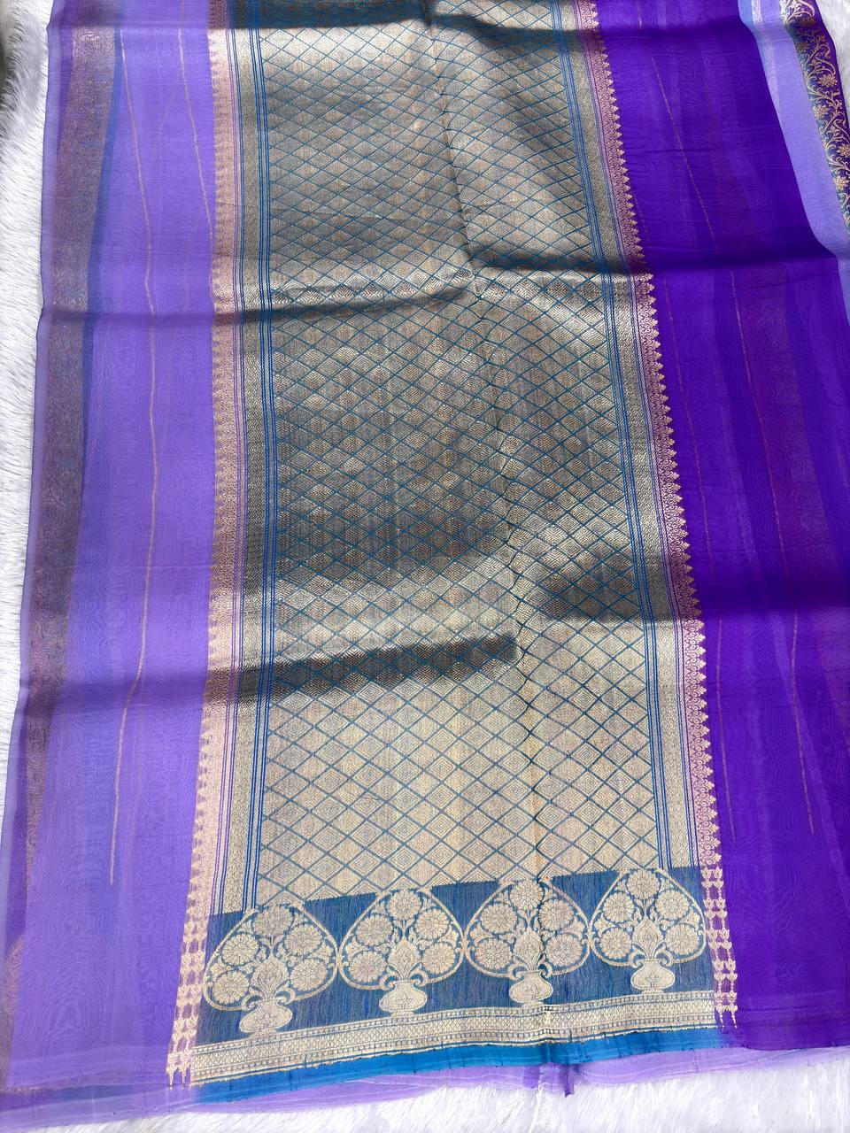 Handwoven Lavender and Royal Purple Kora Organza Silk Rungkaat Saree with Kadhua Weave