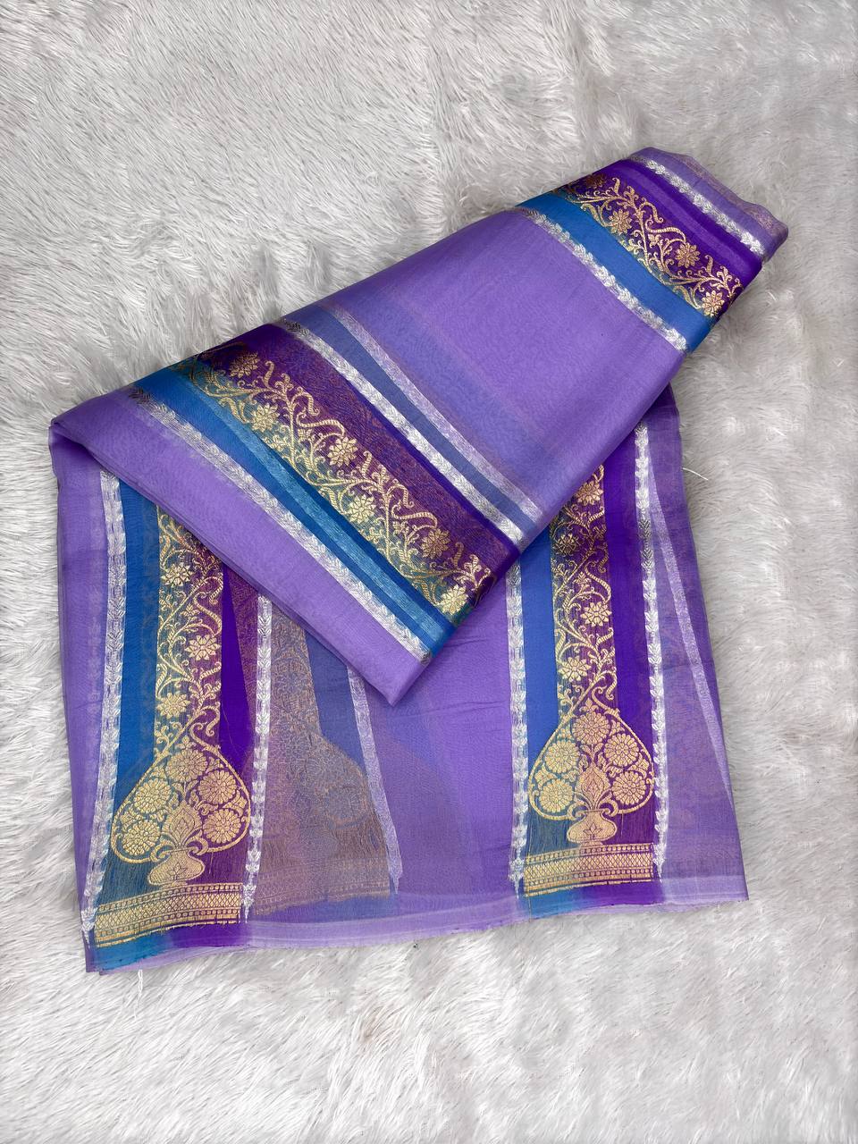 Handwoven Lavender and Royal Purple Kora Organza Silk Rungkaat Saree with Kadhua Weave