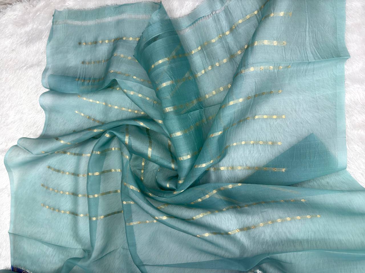Handwoven Seafoam Grey and Deep Emerald Kora Organza Silk Rungkaat Saree with Kadhua Weave