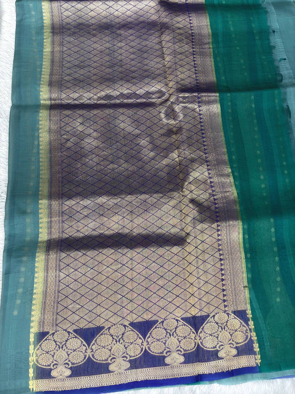 Handwoven Seafoam Grey and Deep Emerald Kora Organza Silk Rungkaat Saree with Kadhua Weave