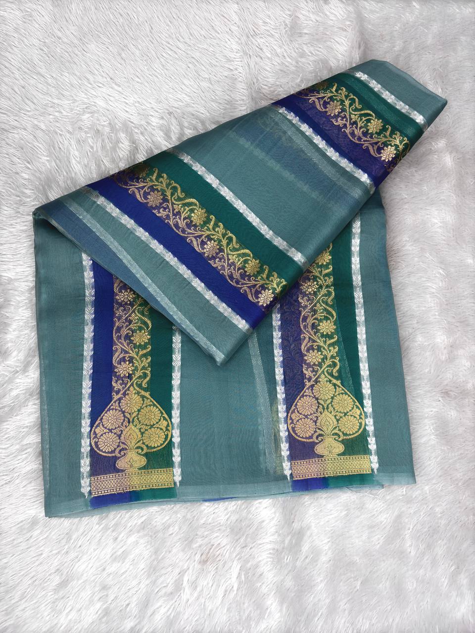 Handwoven Seafoam Grey and Deep Emerald Kora Organza Silk Rungkaat Saree with Kadhua Weave