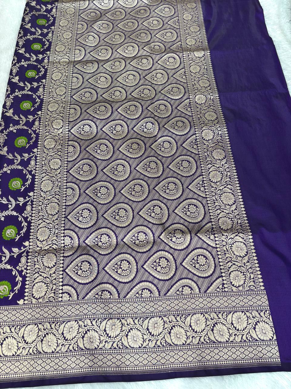 Royal Violet Katan Silk Jungla Meenakari Cutwork Banarasi Saree