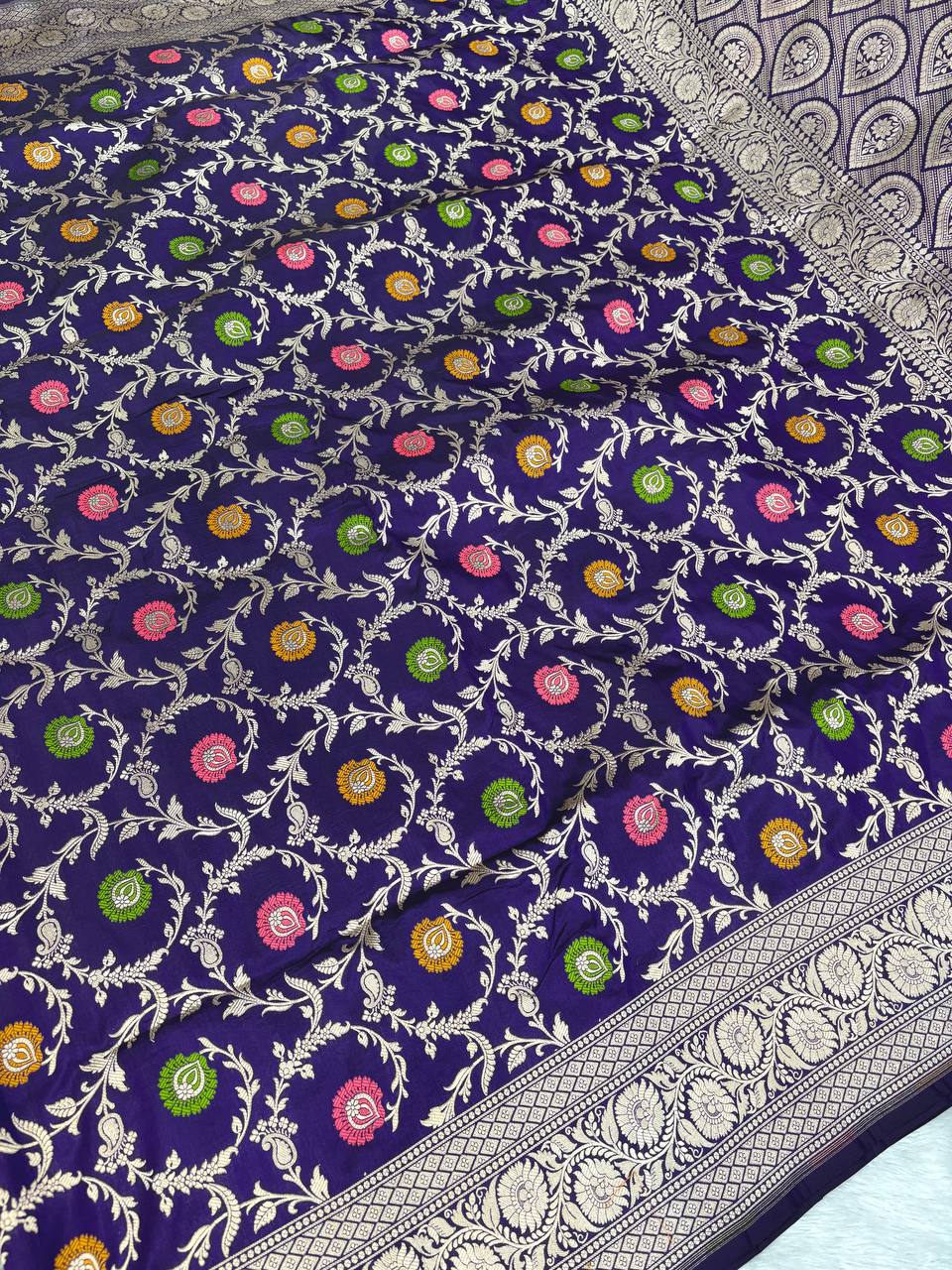 Royal Violet Katan Silk Jungla Meenakari Cutwork Banarasi Saree