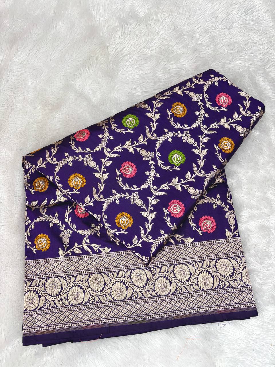 Royal Violet Katan Silk Jungla Meenakari Cutwork Banarasi Saree