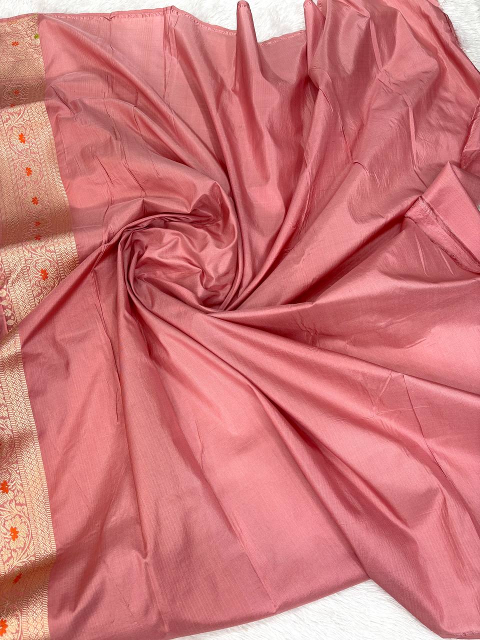 Handwoven Rosewood Pink Katan Silk Banarasi Saree | Meenakari Jungla Floral Buta & Cutwork Border