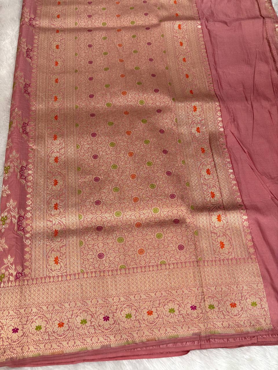 Handwoven Rosewood Pink Katan Silk Banarasi Saree | Meenakari Jungla Floral Buta & Cutwork Border