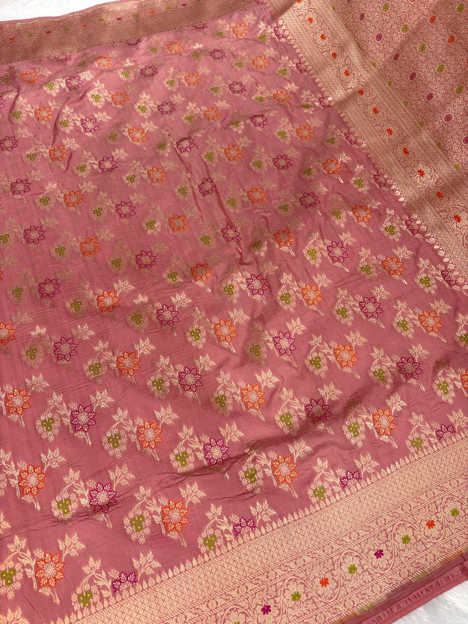 Handwoven Rosewood Pink Katan Silk Banarasi Saree | Meenakari Jungla Floral Buta & Cutwork Border