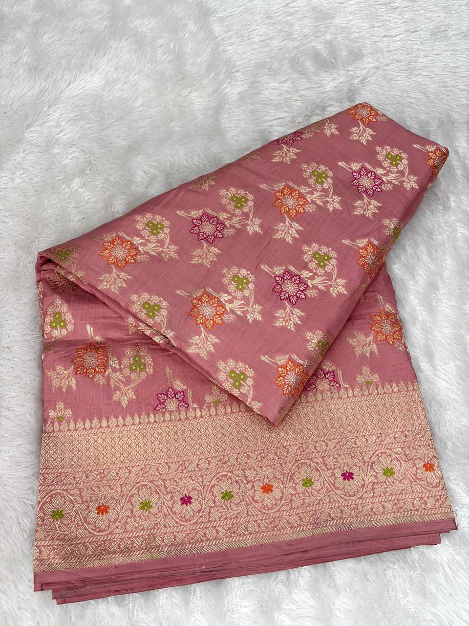 Handwoven Rosewood Pink Katan Silk Banarasi Saree | Meenakari Jungla Floral Buta & Cutwork Border