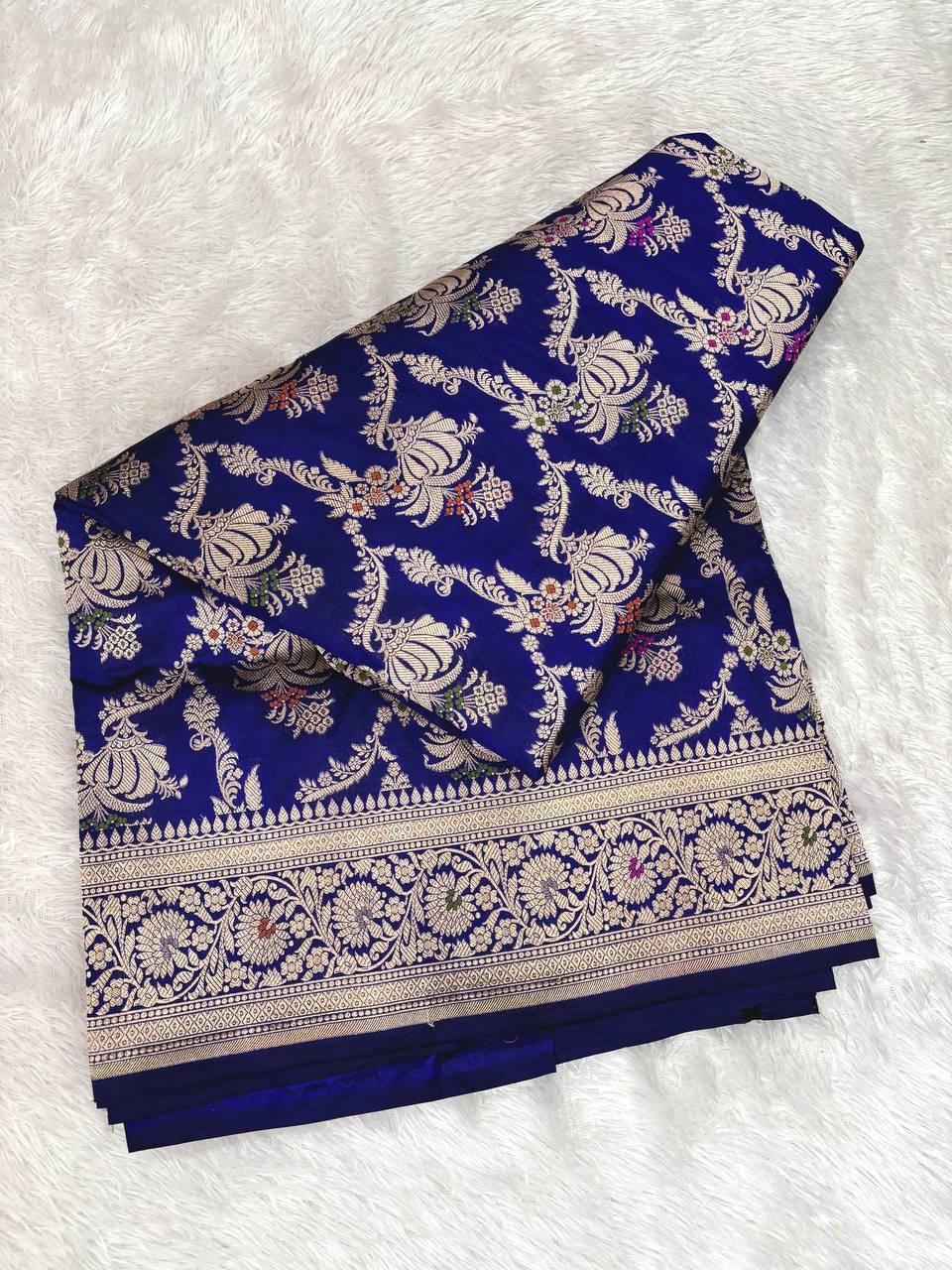 Royal Blue Handwoven Katan Silk Banarasi Saree | Full Meenakari Jungla Jaal & Ornate Zari Pallu