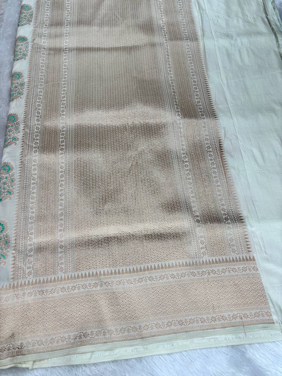 Ivory Off-White Katan Silk Banarasi Saree | Meenakari Oversized Buta & Champagne Gold Zari Border
