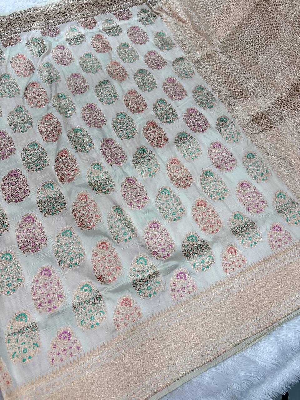 Ivory Off-White Katan Silk Banarasi Saree | Meenakari Oversized Buta & Champagne Gold Zari Border