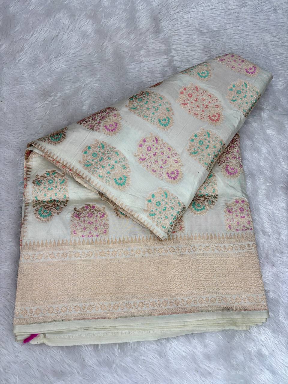 Ivory Off-White Katan Silk Banarasi Saree | Meenakari Oversized Buta & Champagne Gold Zari Border