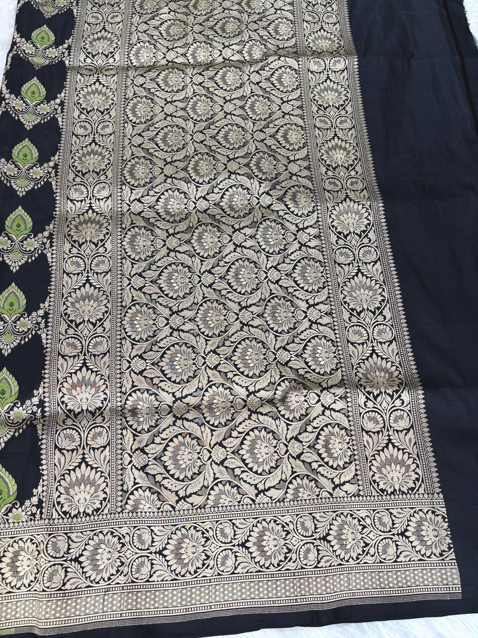 Midnight Black Katan Silk Banarasi Saree | Meenakari Diamond Lattice Jaal & Heavy Antique Zari Pallu