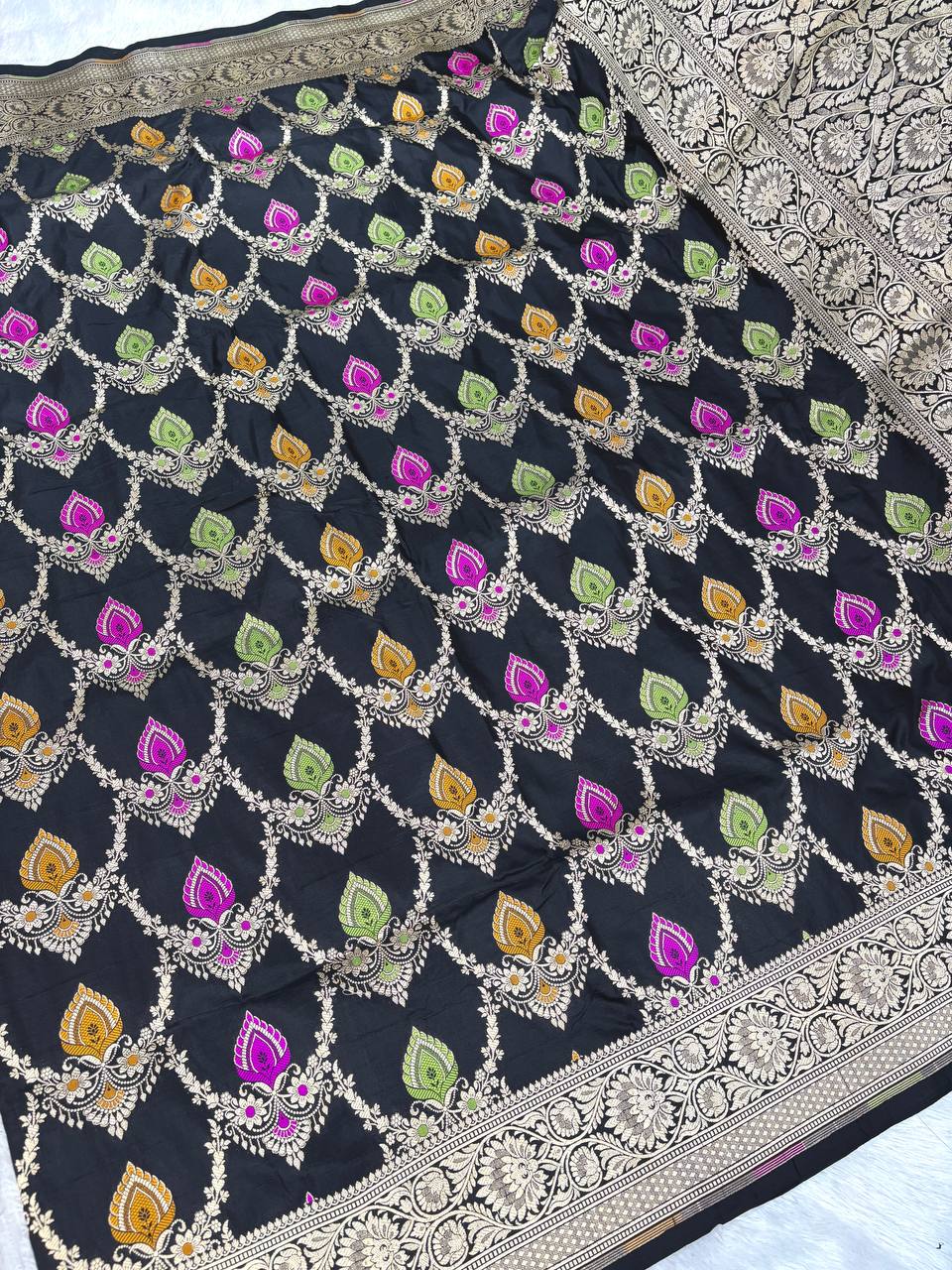 Midnight Black Katan Silk Banarasi Saree | Meenakari Diamond Lattice Jaal & Heavy Antique Zari Pallu