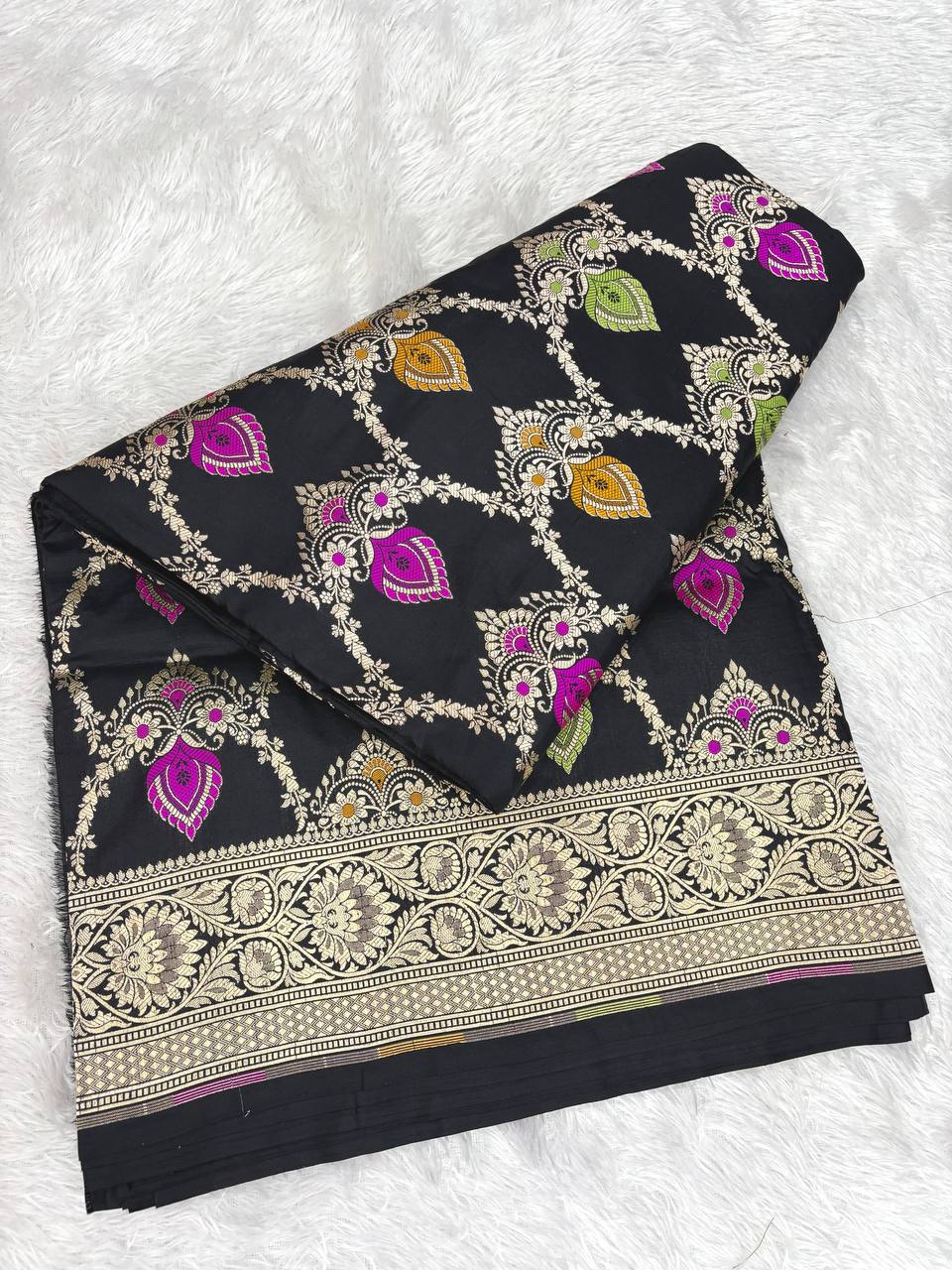 Midnight Black Katan Silk Banarasi Saree | Meenakari Diamond Lattice Jaal & Heavy Antique Zari Pallu