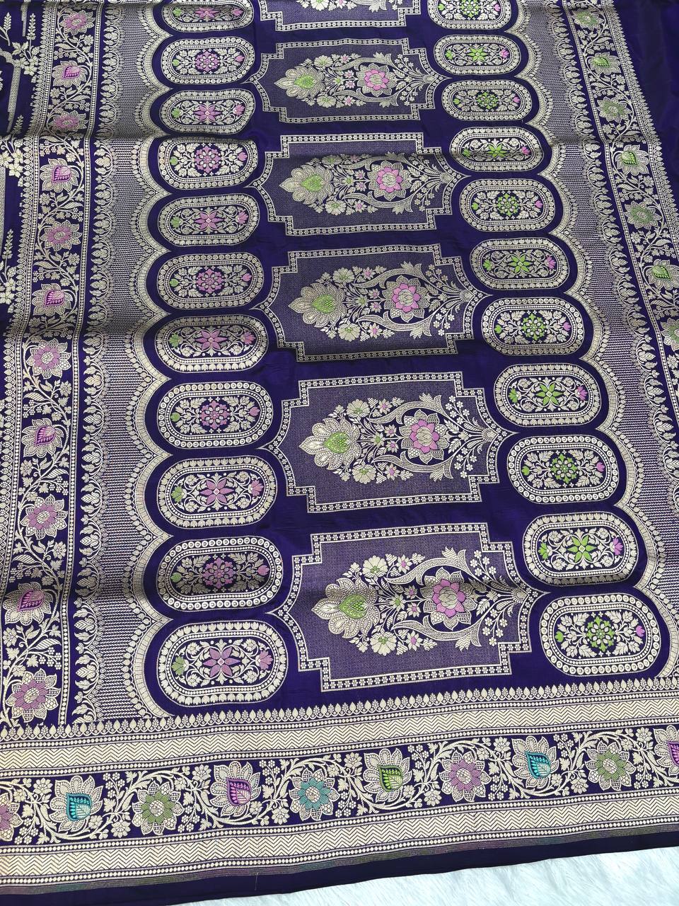 Deep Grape Purple Katan Silk Banarasi Saree | Architectural Meenakari Arches & Silver-Gold Zari