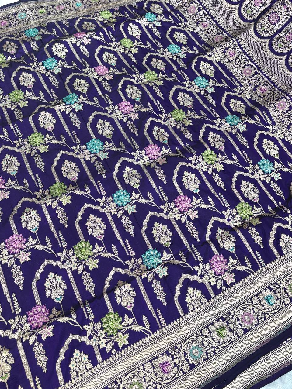 Deep Grape Purple Katan Silk Banarasi Saree | Architectural Meenakari Arches & Silver-Gold Zari