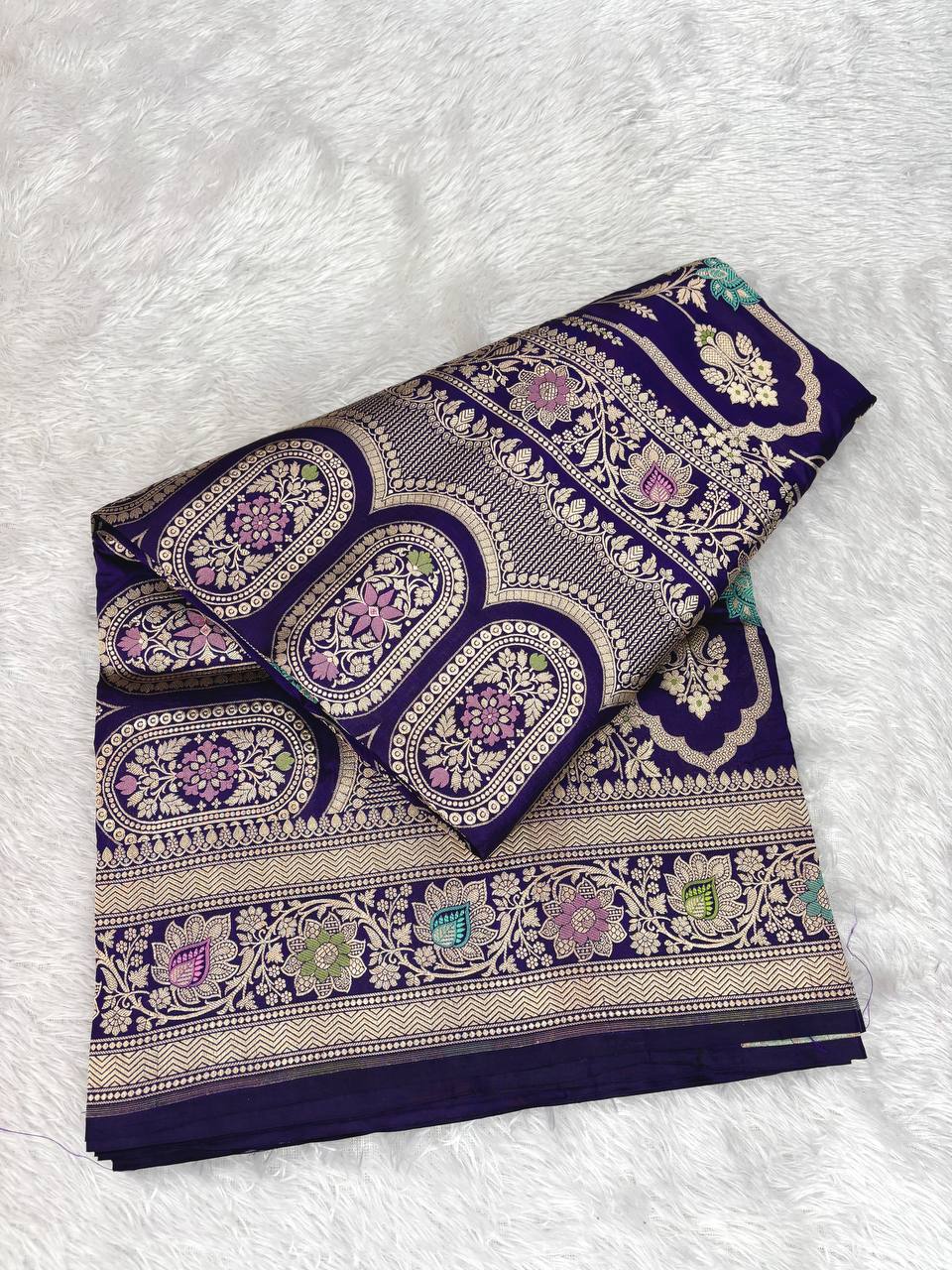 Deep Grape Purple Katan Silk Banarasi Saree | Architectural Meenakari Arches & Silver-Gold Zari